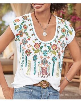 Sundance White Embroidered floral Scoop Neck Top